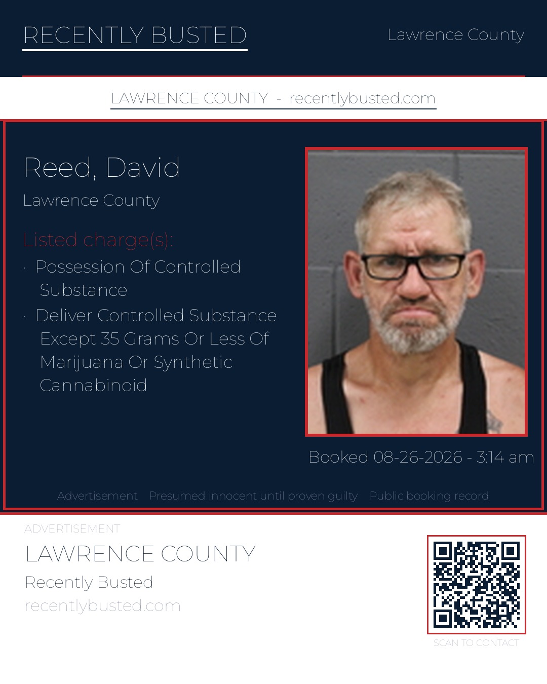 REED, DAVID — arrest record card, Lawrence County