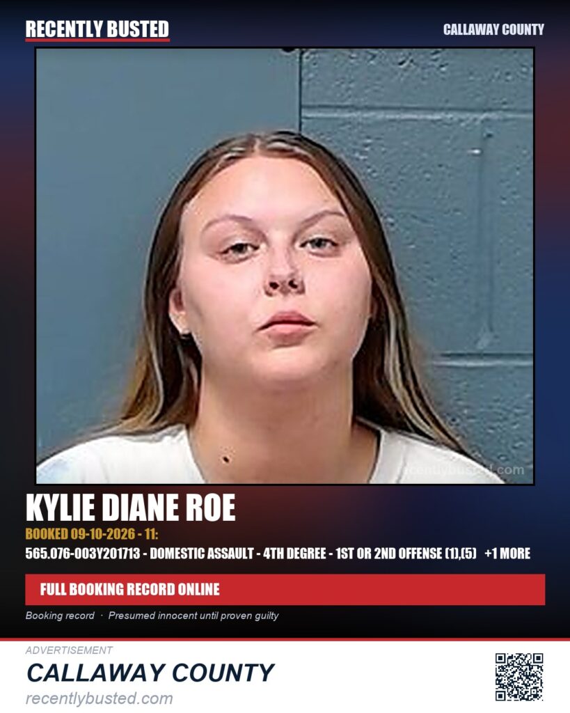 Roe, Kylie Diane — arrest record card, Callaway County