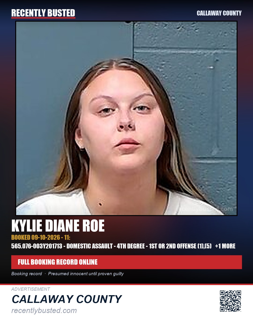 Roe, Kylie Diane — arrest record card, Callaway County