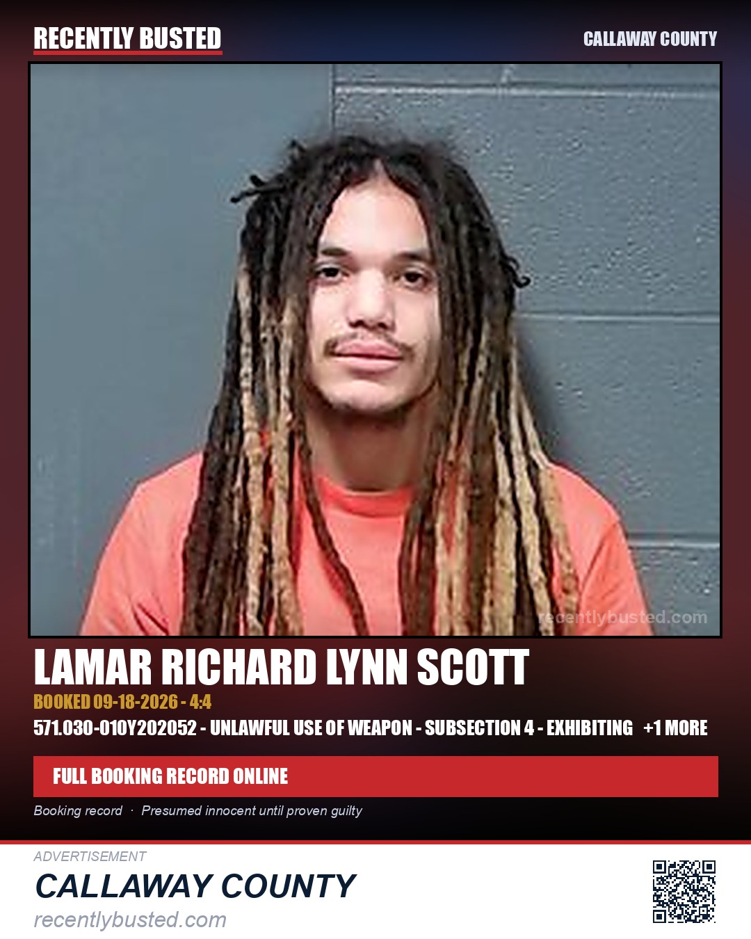 Scott, Lamar Richard Lynn — arrest record card, Callaway County