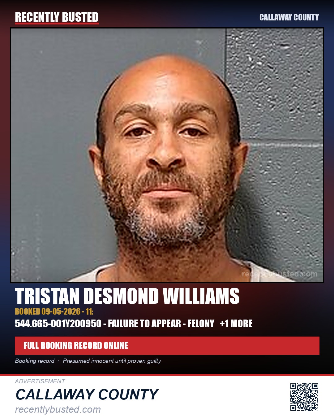 Williams, Tristan Desmond — arrest record card, Callaway County