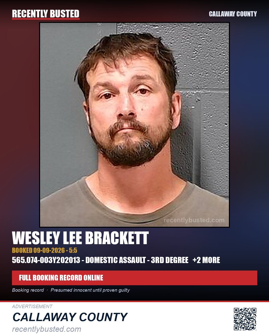 Brackett, Wesley Lee — arrest record card, Callaway County