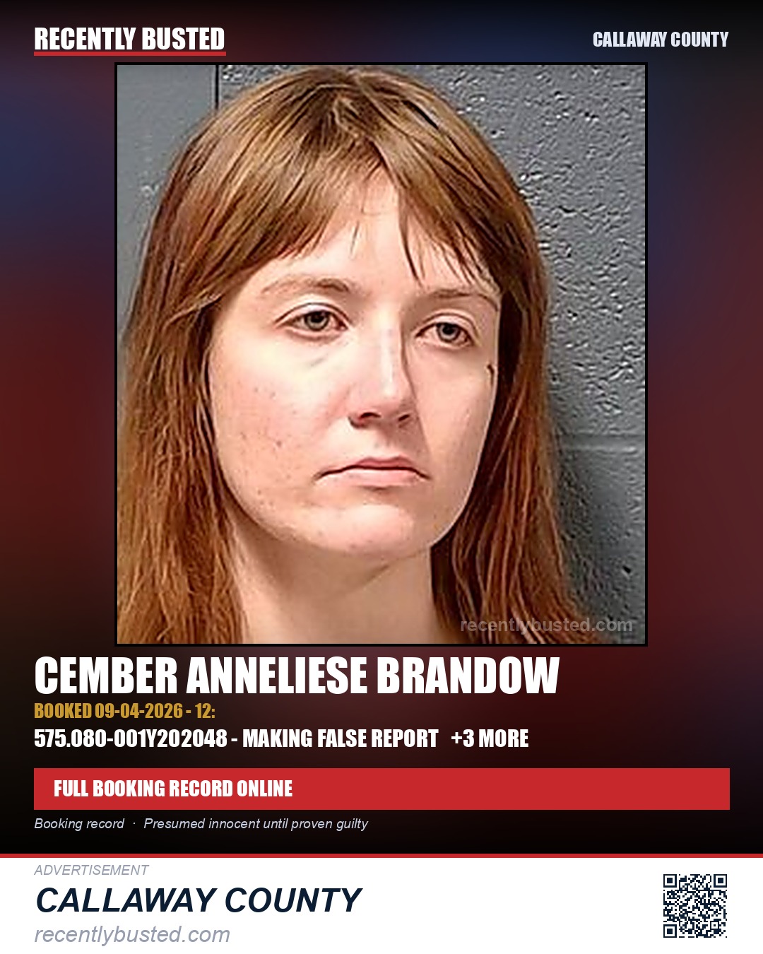 Brandow, Cember Anneliese — arrest record card, Callaway County