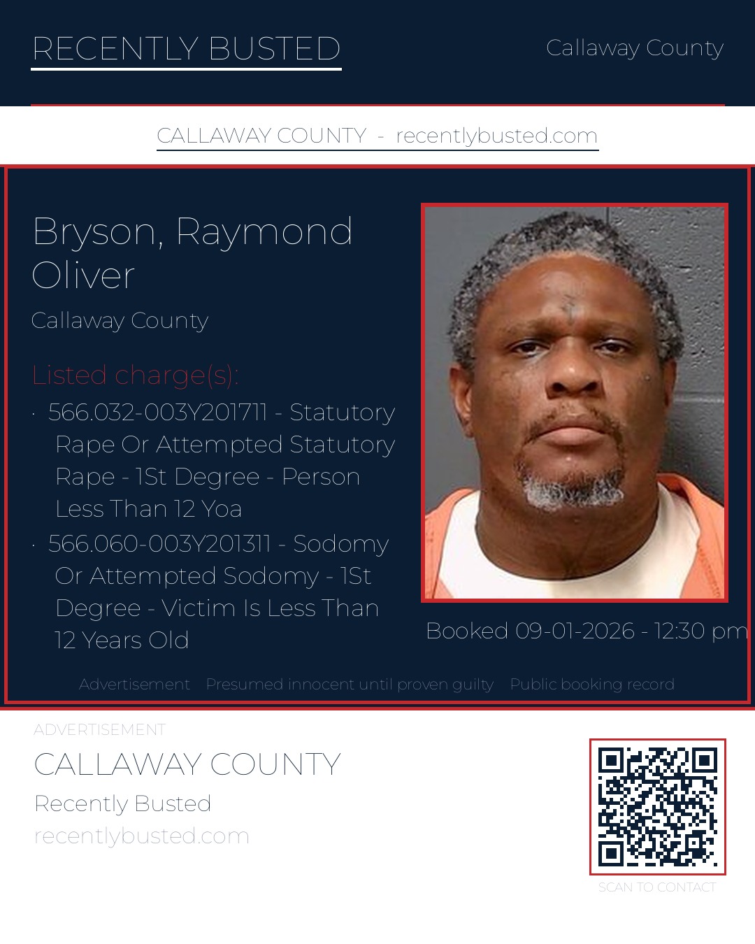 Bryson, Raymond Oliver — arrest record card, Callaway County