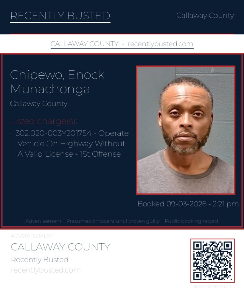 Chipewo, Enock Munachonga — arrest record card, Missouri