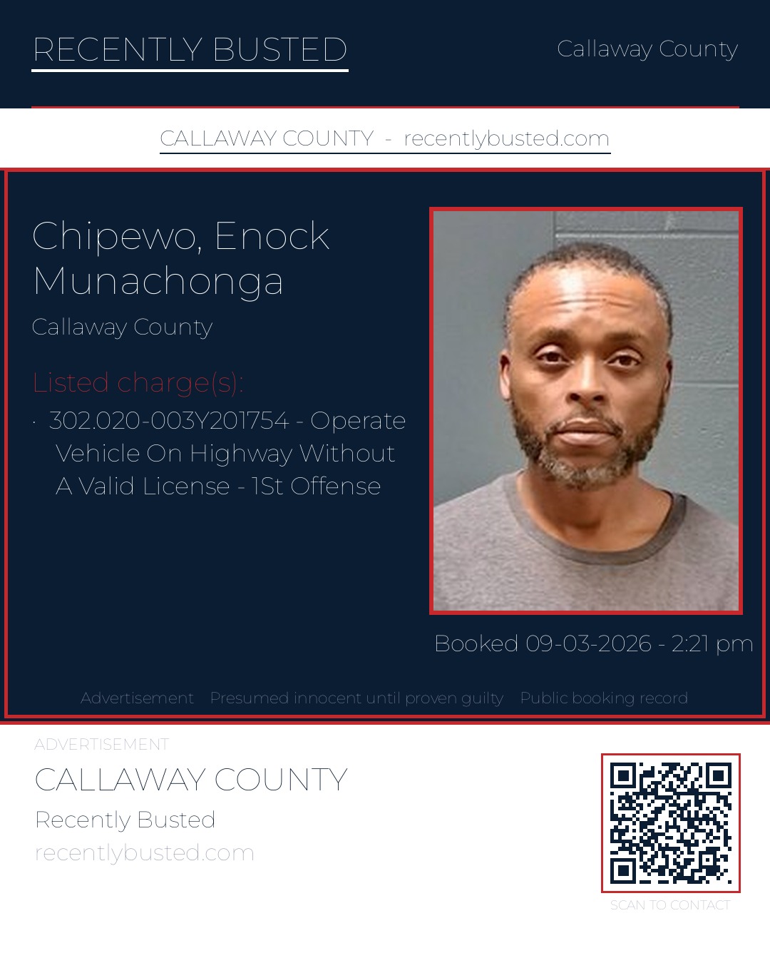 Chipewo, Enock Munachonga — arrest record card, Callaway County