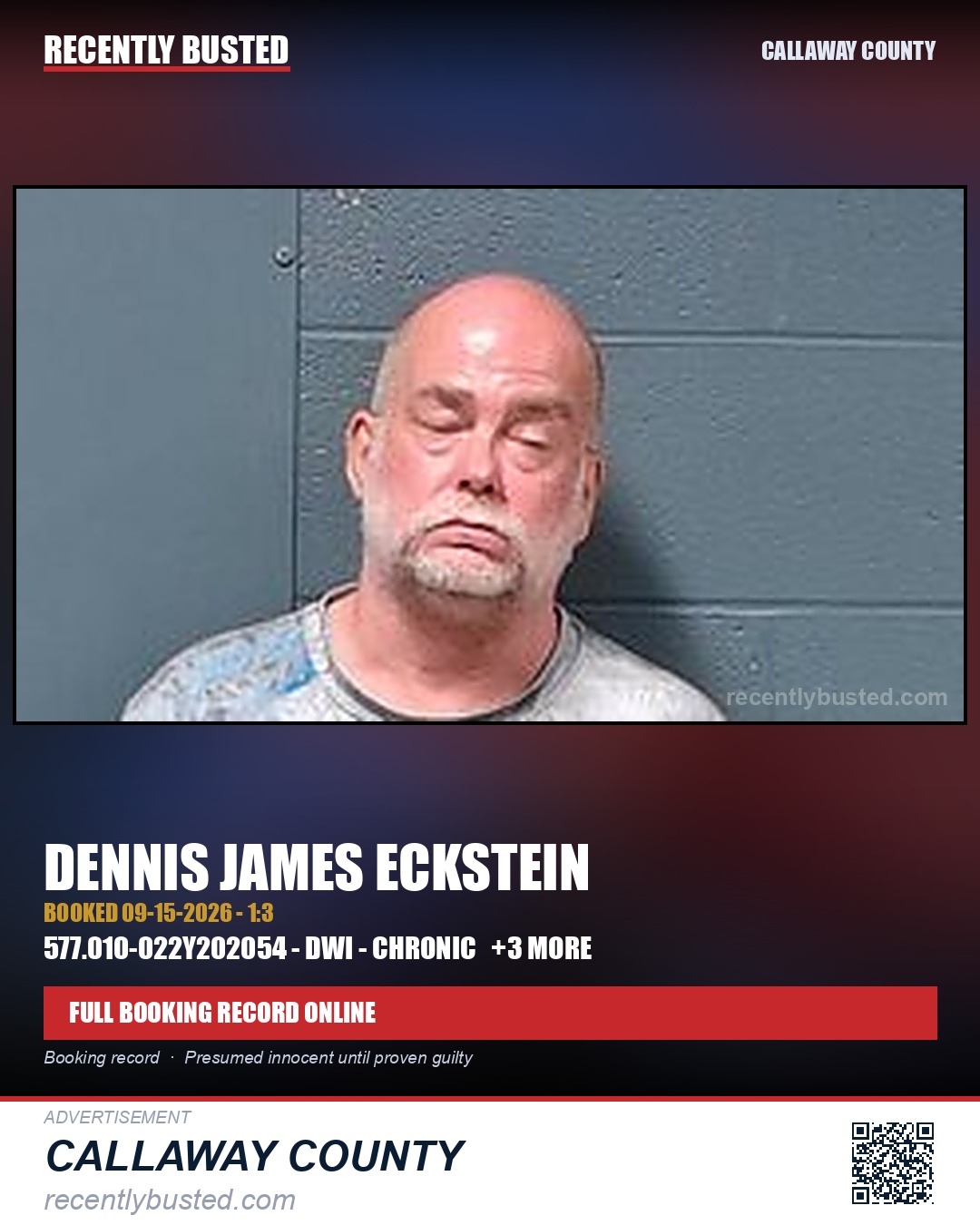 Eckstein, Dennis James — arrest record card, Callaway County