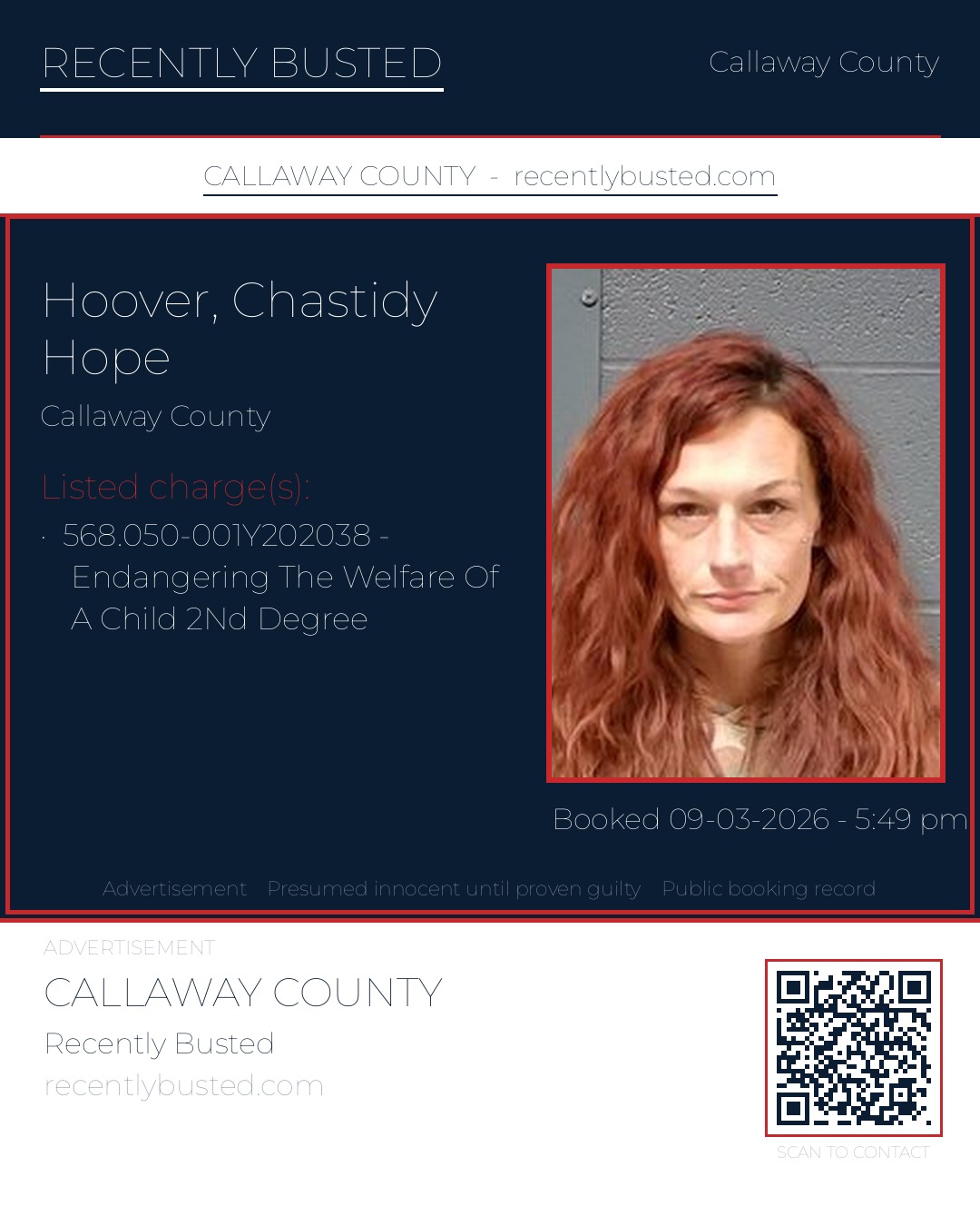 Hoover, Chastidy Hope — arrest record card, Callaway County