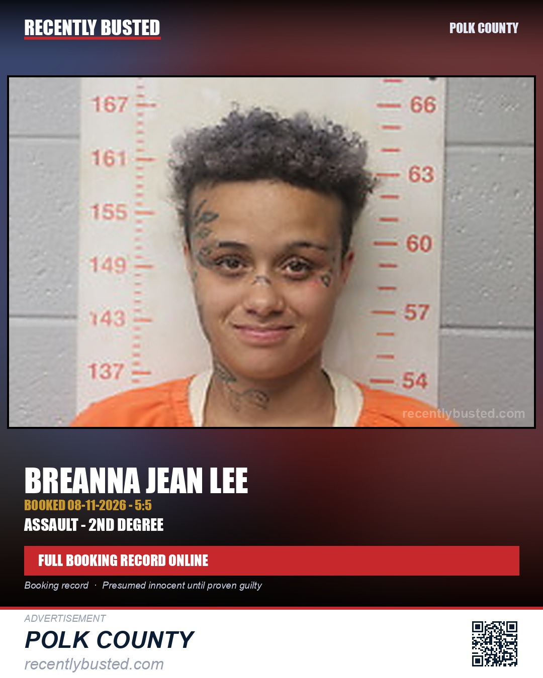 LEE, BREANNA JEAN — arrest record card, Polk County
