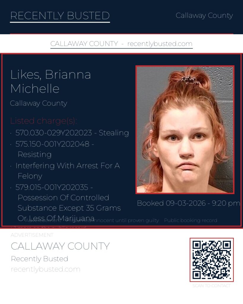 Likes, Brianna Michelle — arrest record card, Missouri