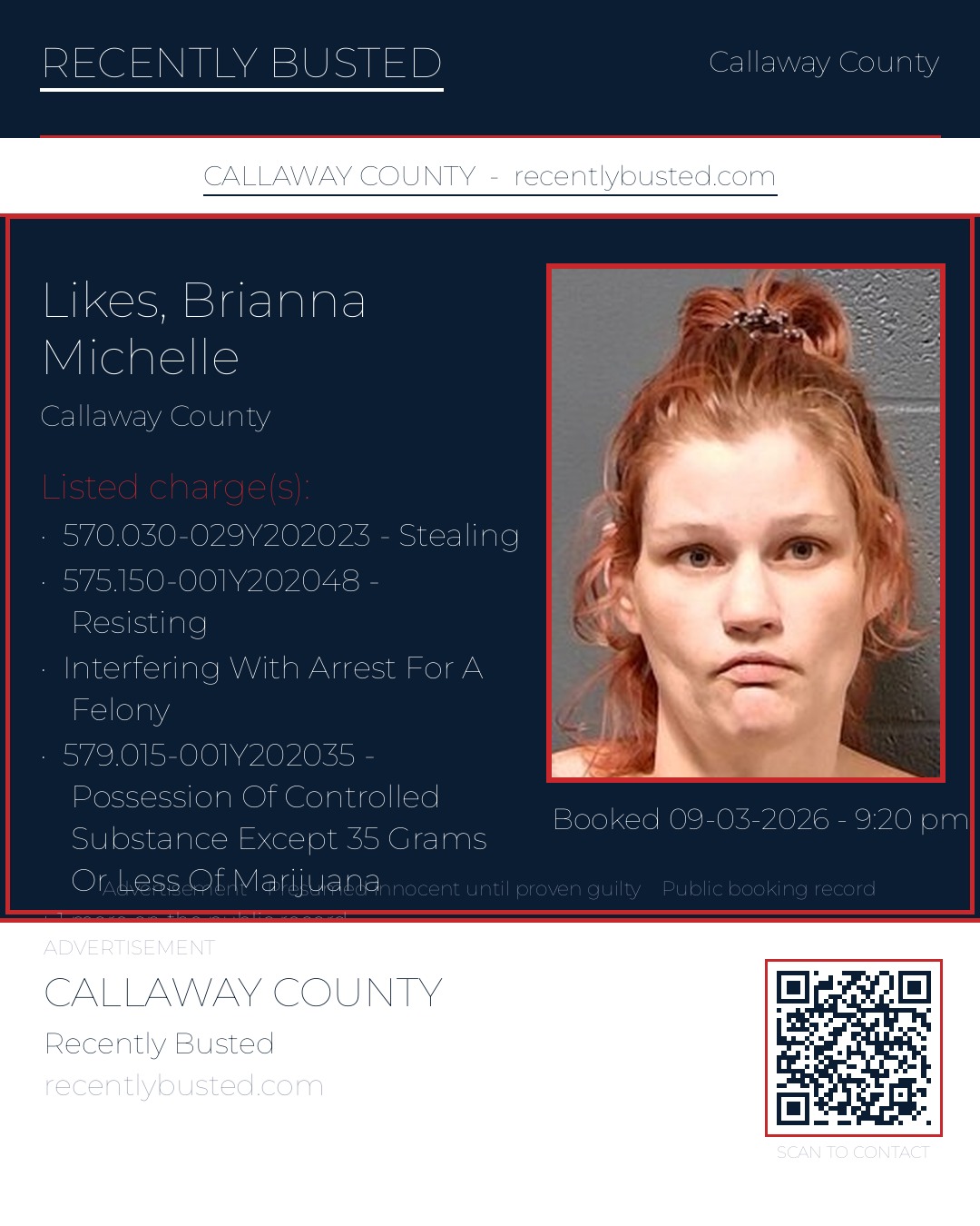 Likes, Brianna Michelle — arrest record card, Callaway County