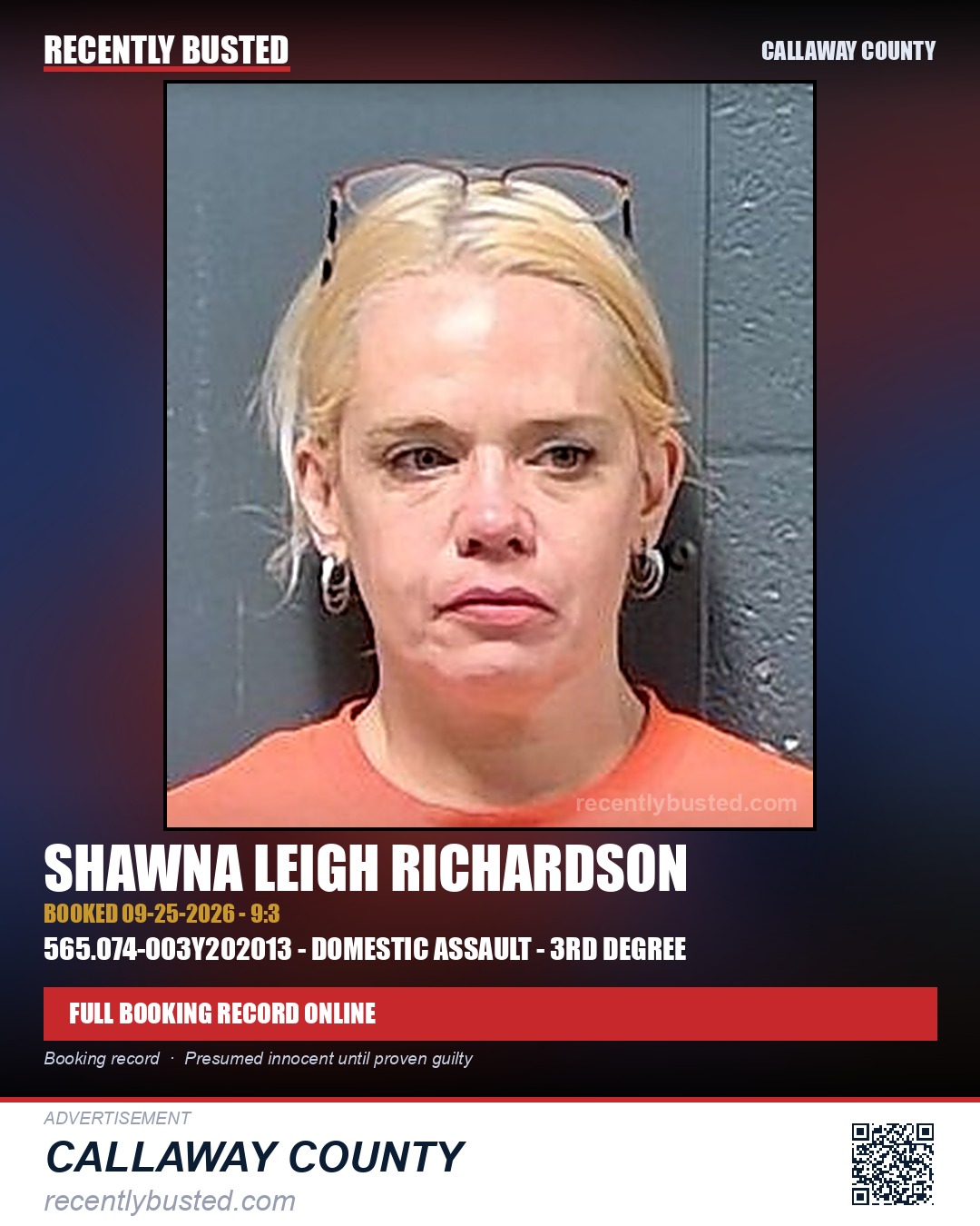Richardson, Shawna Leigh — arrest record card, Callaway County