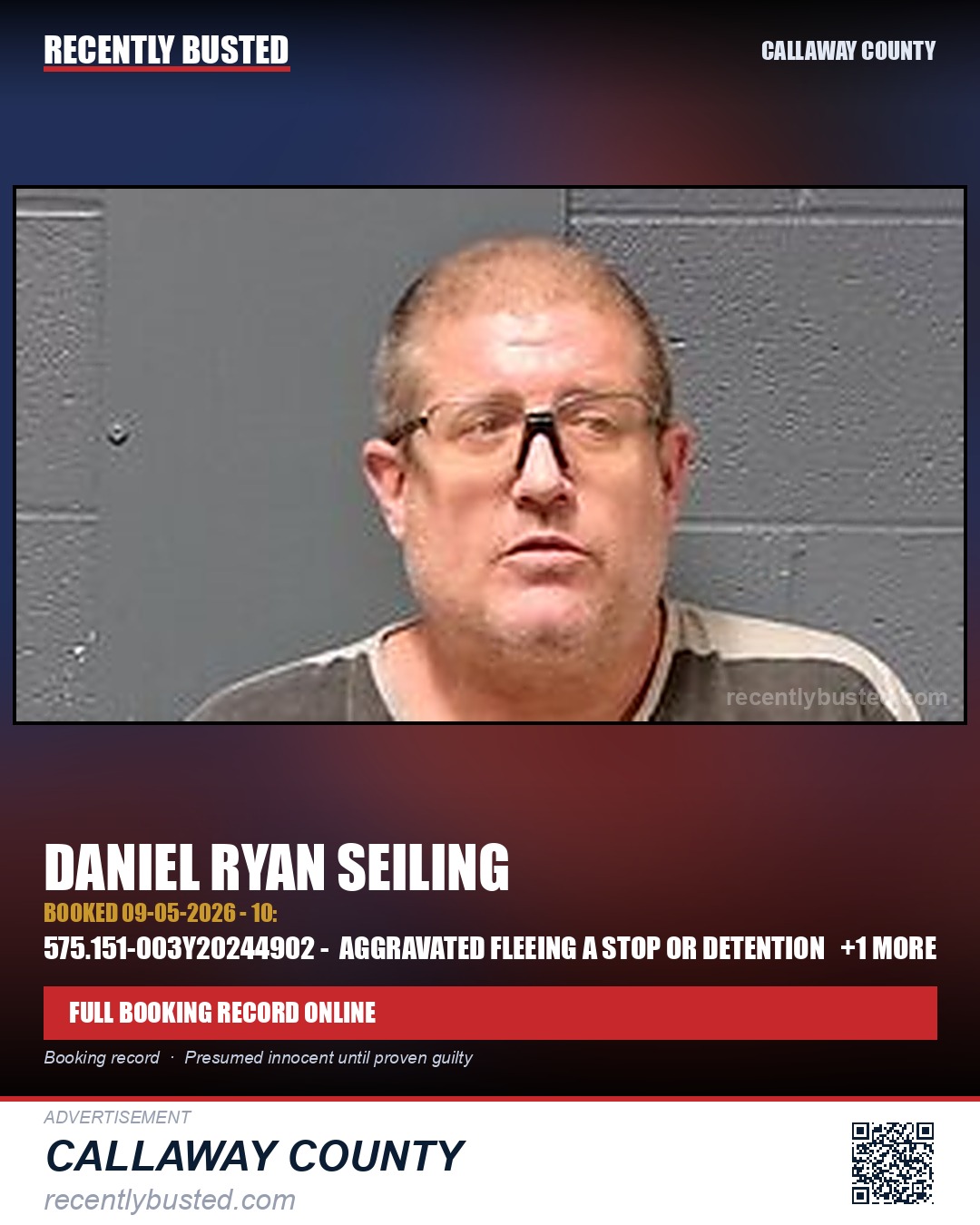 Seiling, Daniel Ryan — arrest record card, Callaway County