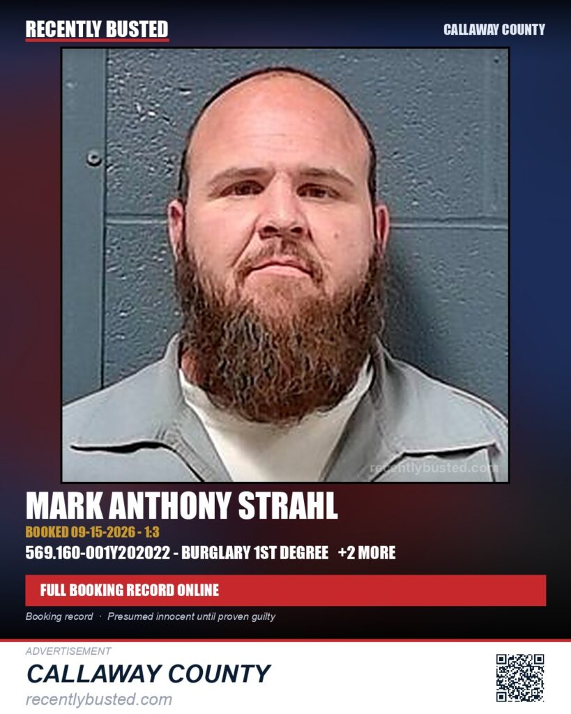 Strahl, Mark Anthony — arrest record card, Callaway County