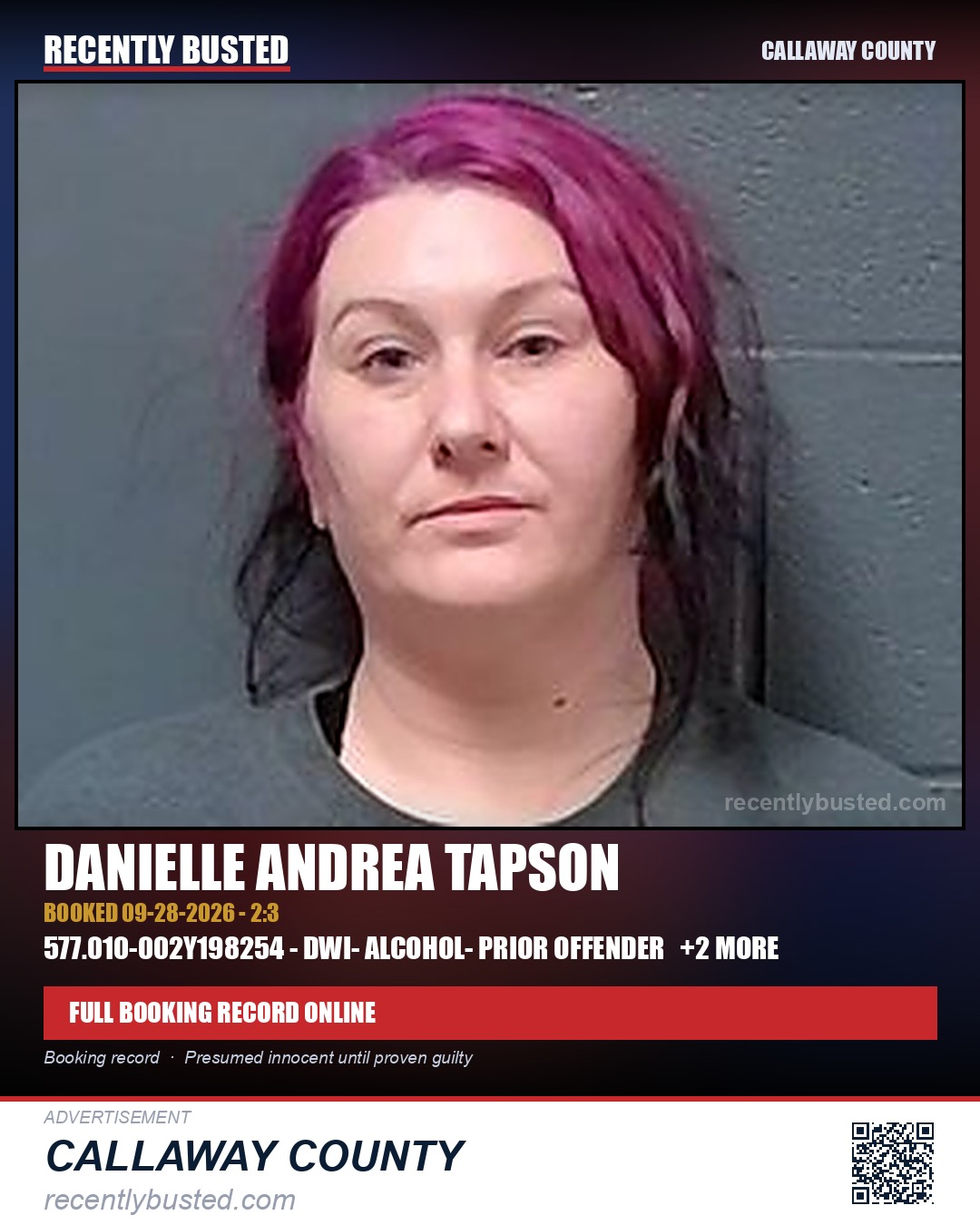 Tapson, Danielle Andrea — arrest record card, Callaway County