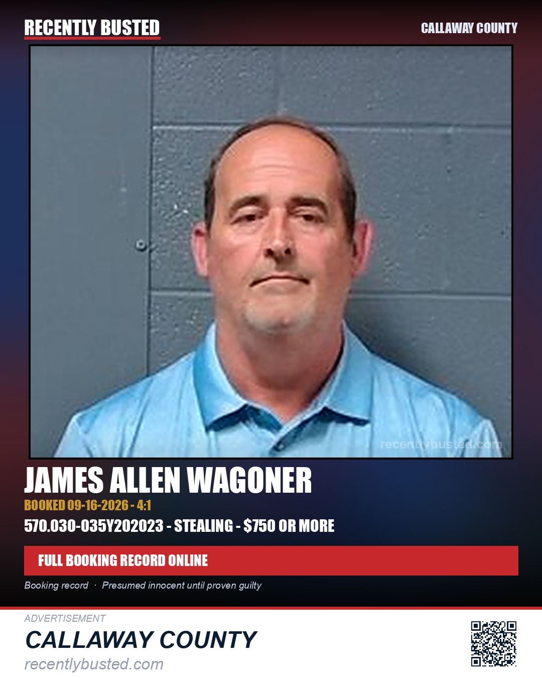 Wagoner, James Allen — arrest record card, Callaway County