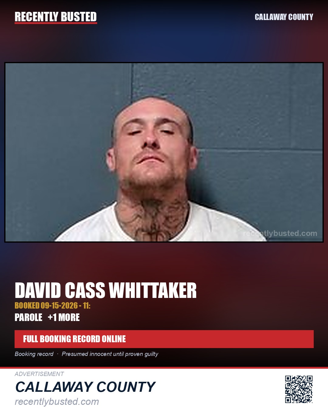 Whittaker, David Cass — arrest record card, Callaway County