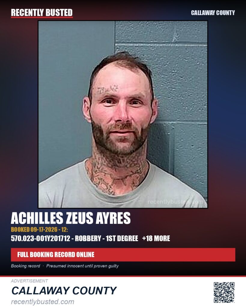 Ayres, Achilles Zeus — arrest record card, Missouri