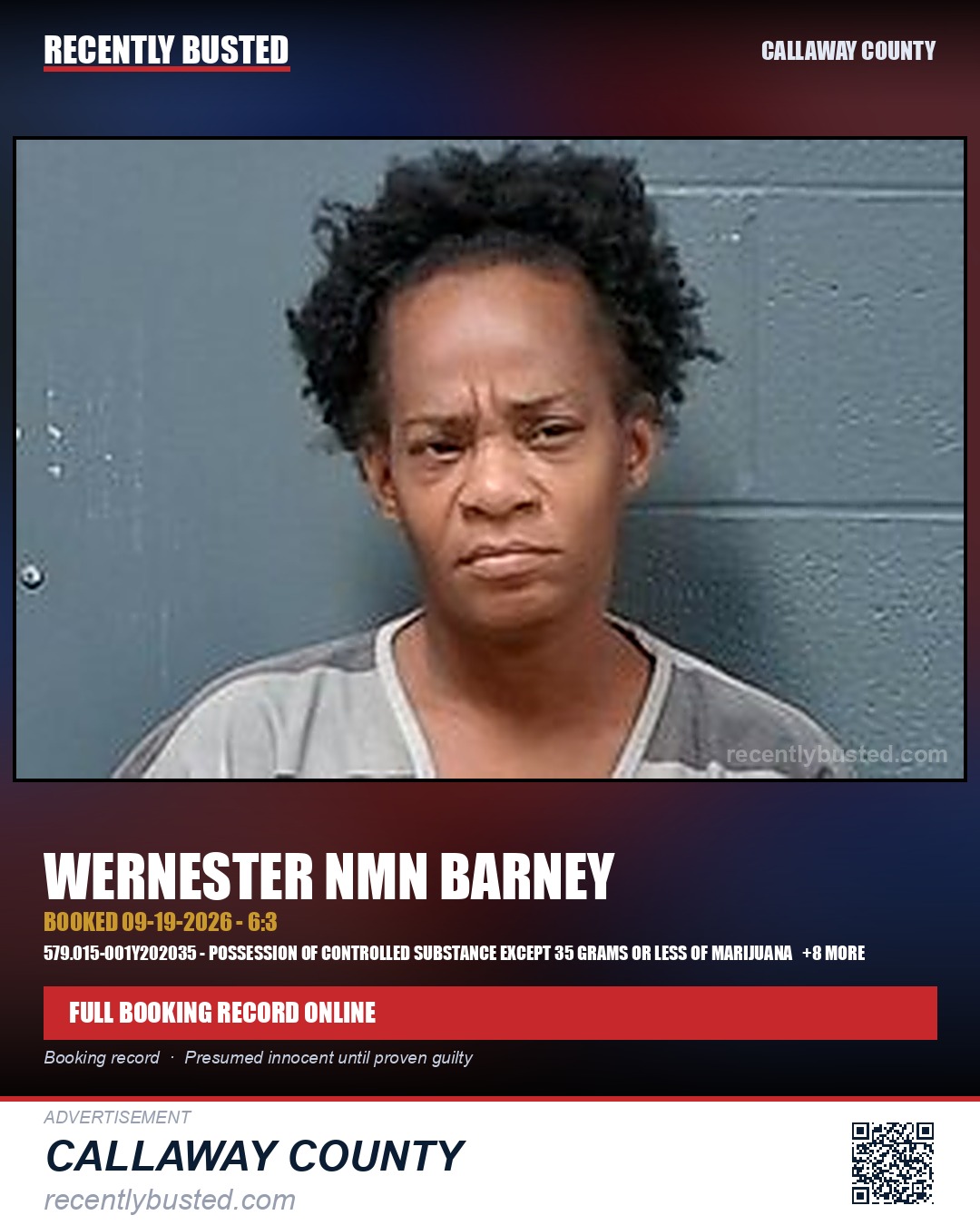 Barney, Wernester NMN — arrest record card, Callaway County