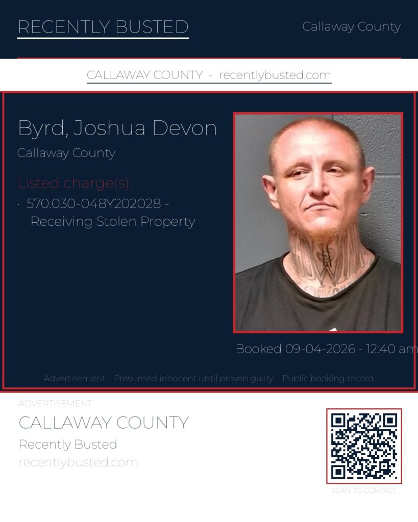 Byrd, Joshua Devon — arrest record card, Callaway County
