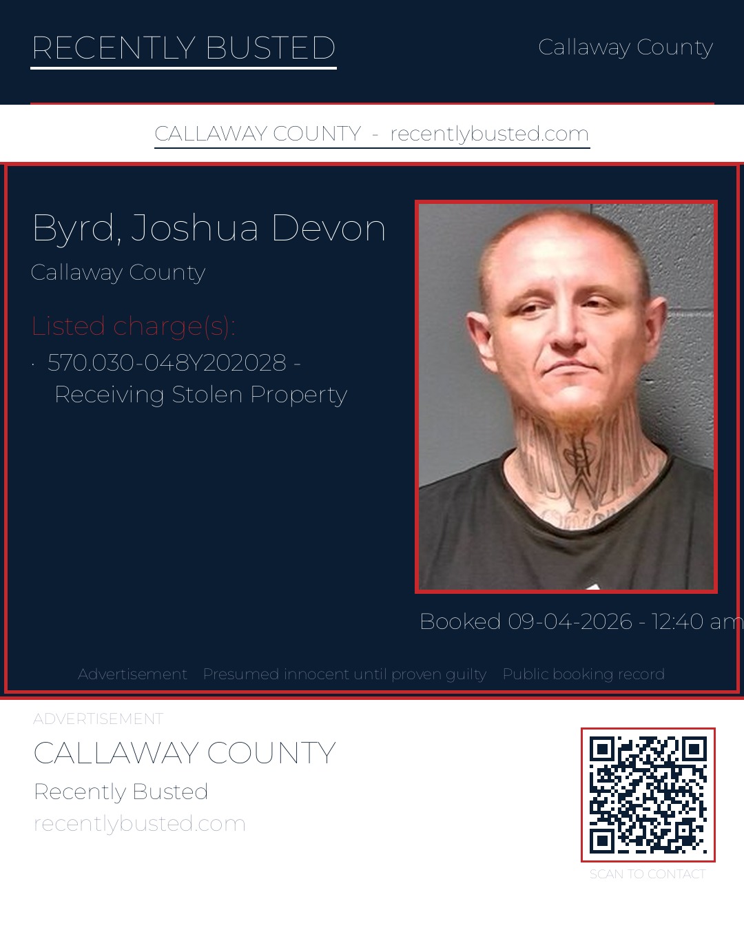 Byrd, Joshua Devon — arrest record card, Callaway County