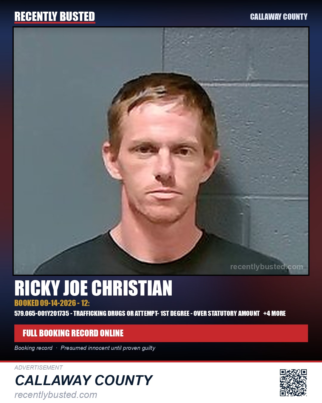 Christian, Ricky Joe — arrest record card, Callaway County
