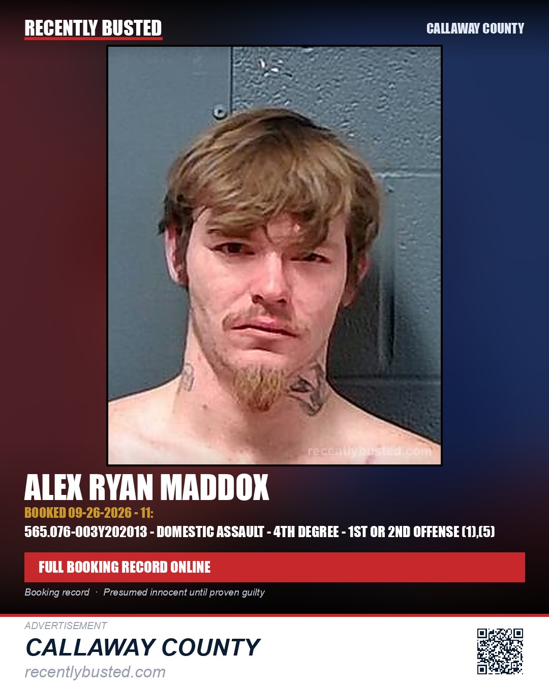 Maddox, Alex Ryan — arrest record card, Callaway County