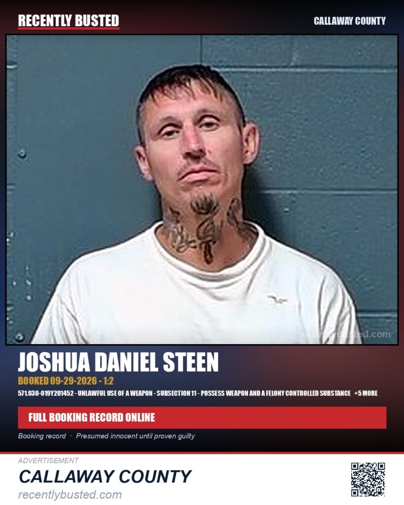 Steen, Joshua Daniel — arrest record card, Missouri
