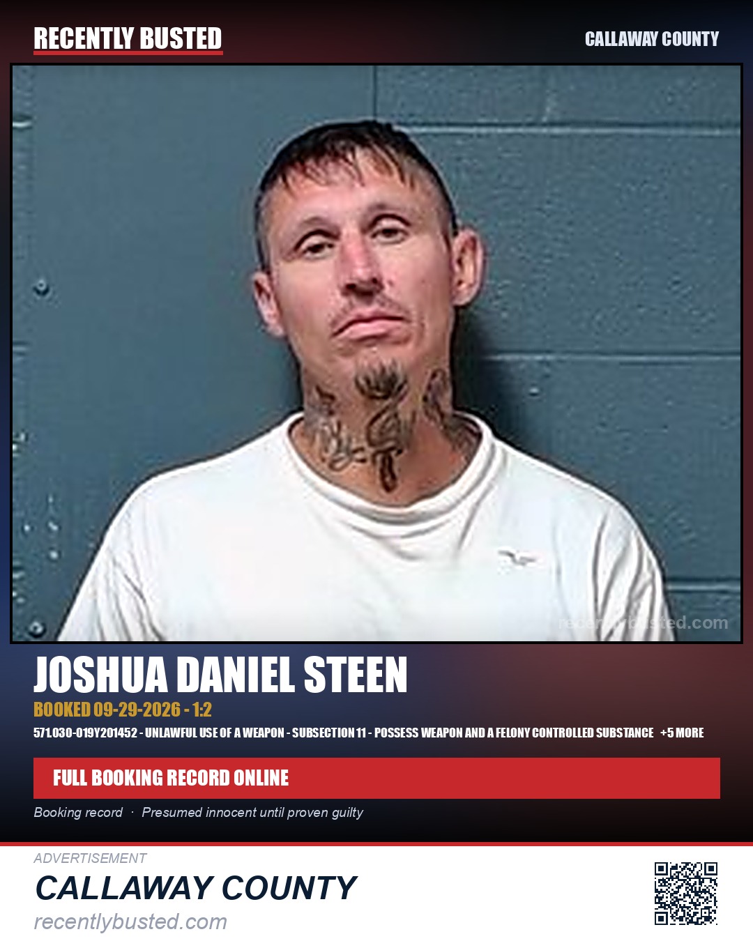 Steen, Joshua Daniel — arrest record card, Callaway County