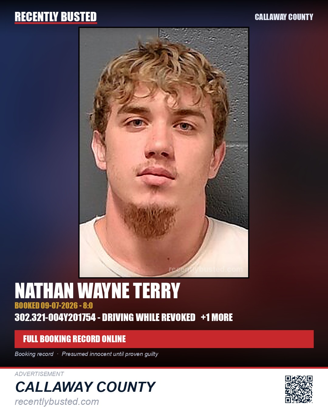 Terry, Nathan Wayne — arrest record card, Callaway County