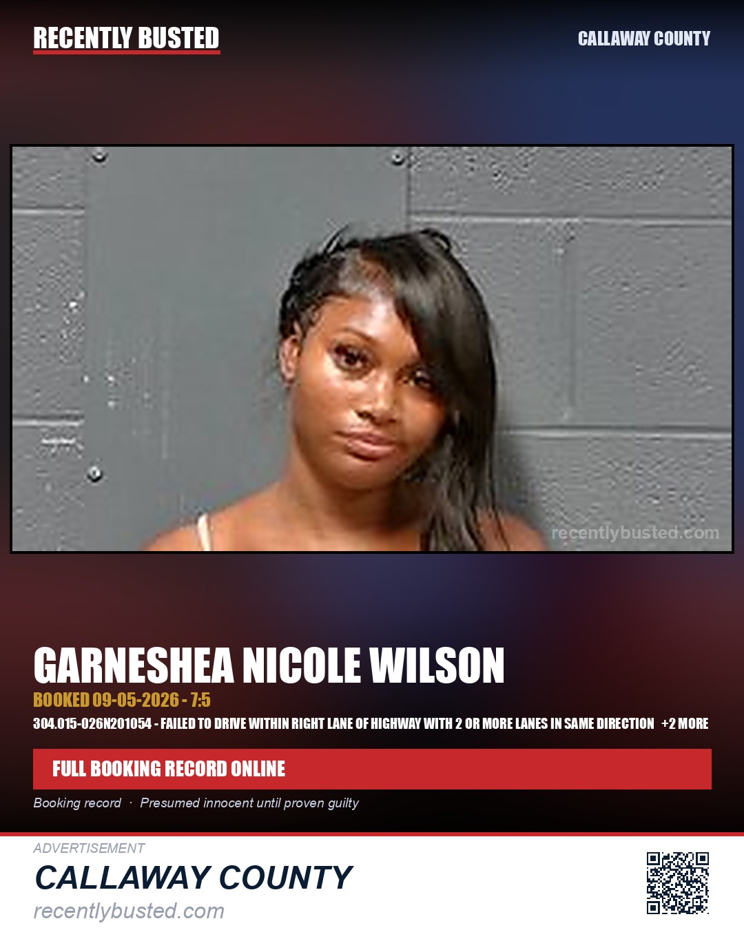 Wilson, Garneshea Nicole — arrest record card, Callaway County