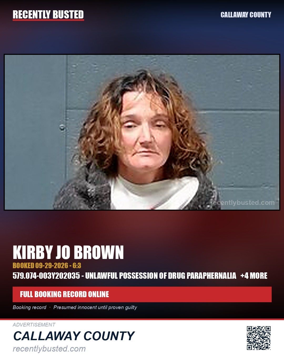 Brown, Kirby Jo — arrest record card, Callaway County