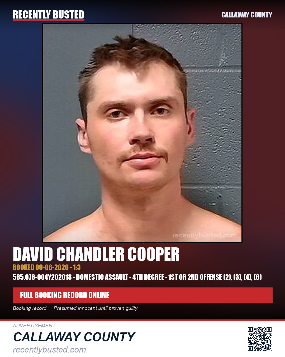 Cooper, David Chandler — arrest record card, Callaway County