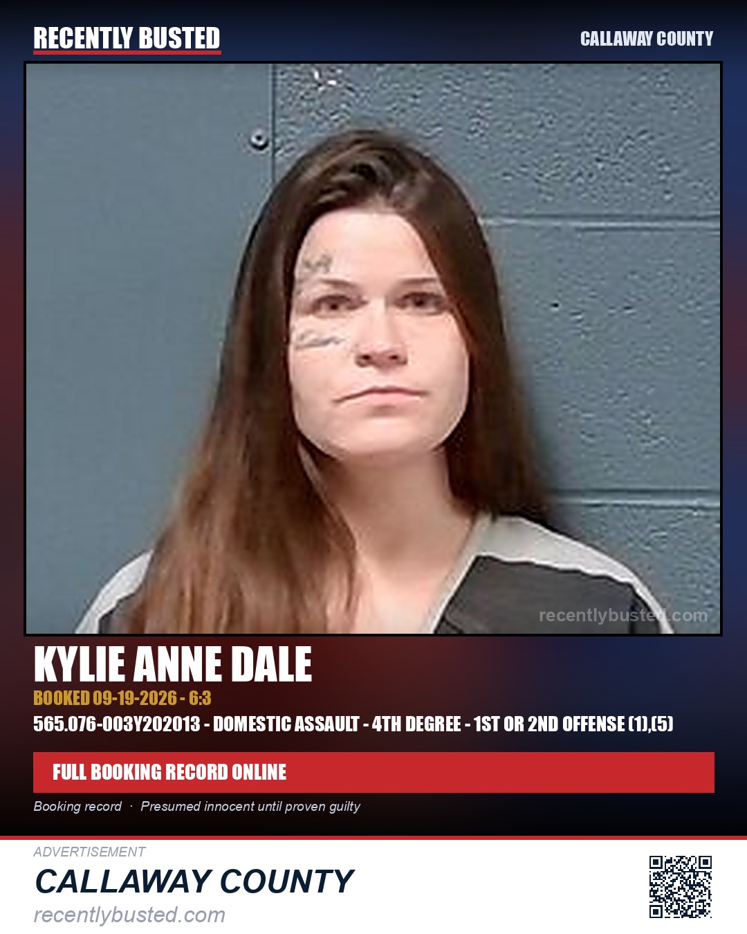Dale, Kylie Anne — arrest record card, Callaway County