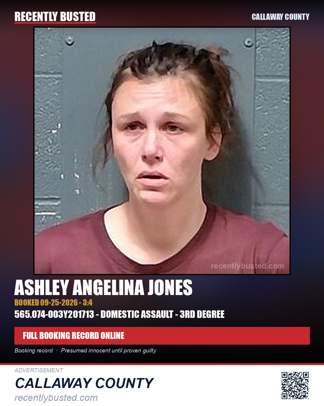 Jones, Ashley Angelina — arrest record card, Callaway County