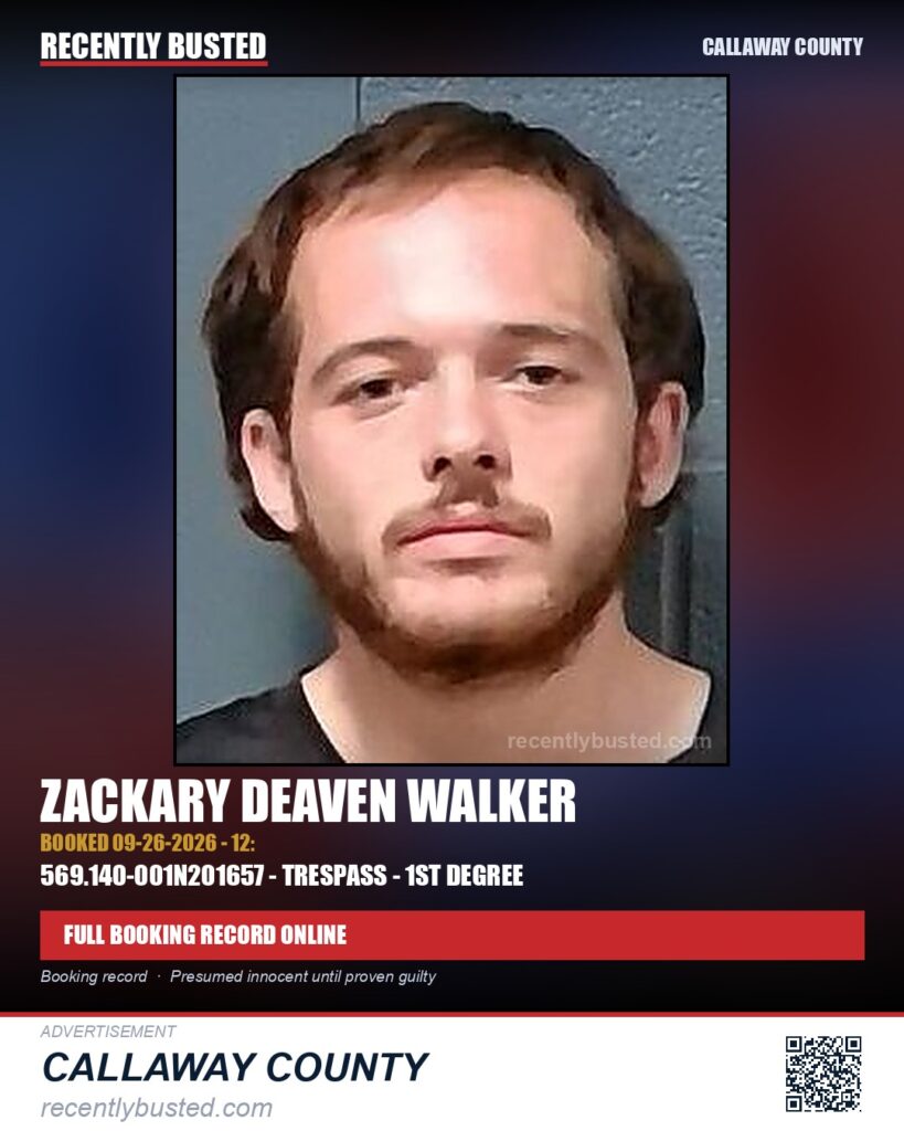 Walker, Zackary Deaven — arrest record card, Missouri