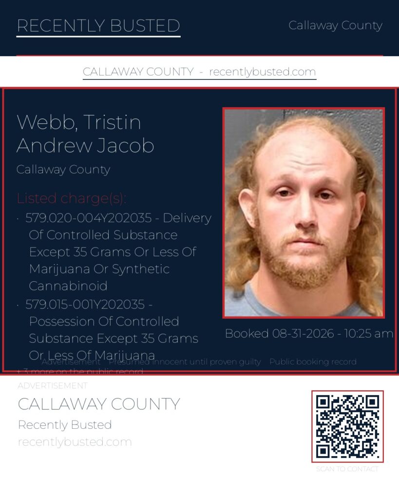 Webb, Tristin Andrew Jacob — arrest record card, Missouri