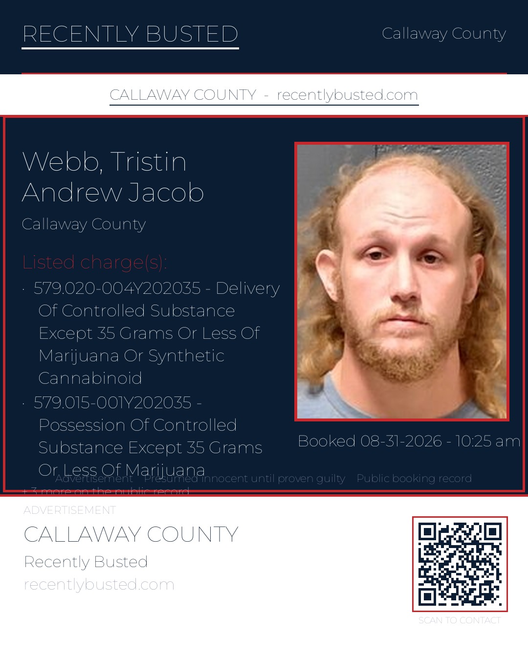 Webb, Tristin Andrew Jacob — arrest record card, Callaway County