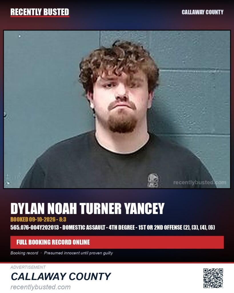 Yancey, Dylan Noah Turner — arrest record card, Callaway County