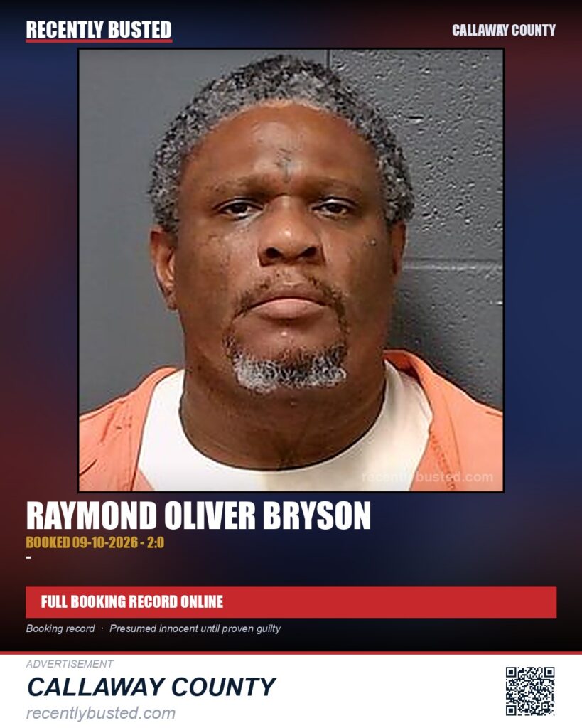 Bryson, Raymond Oliver — arrest record card, Callaway County