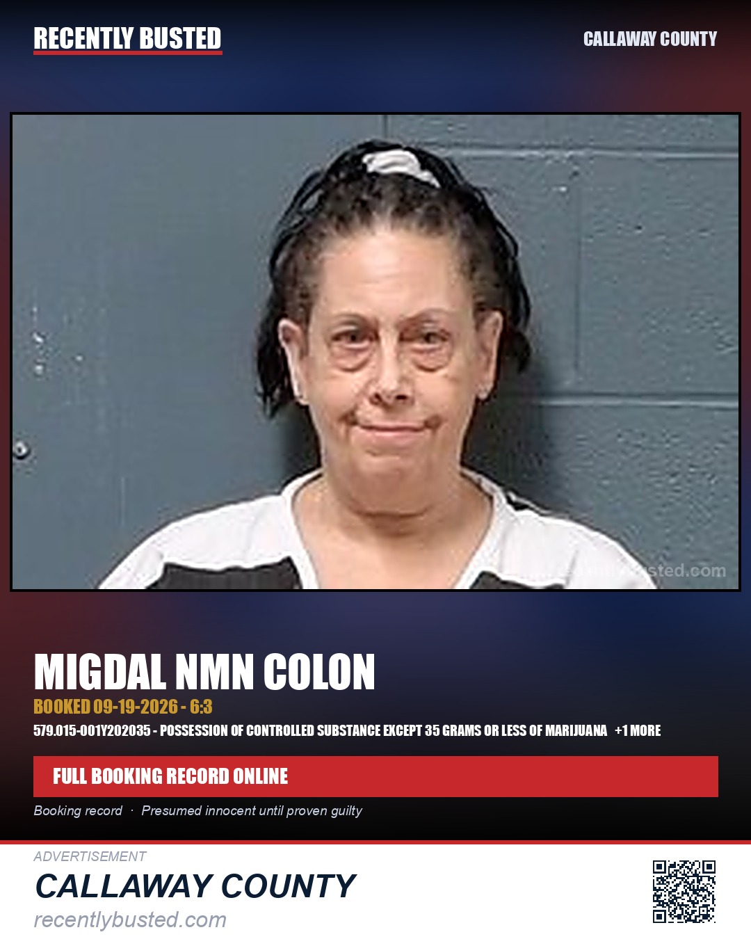 Colon, Migdal NMN — arrest record card, Callaway County