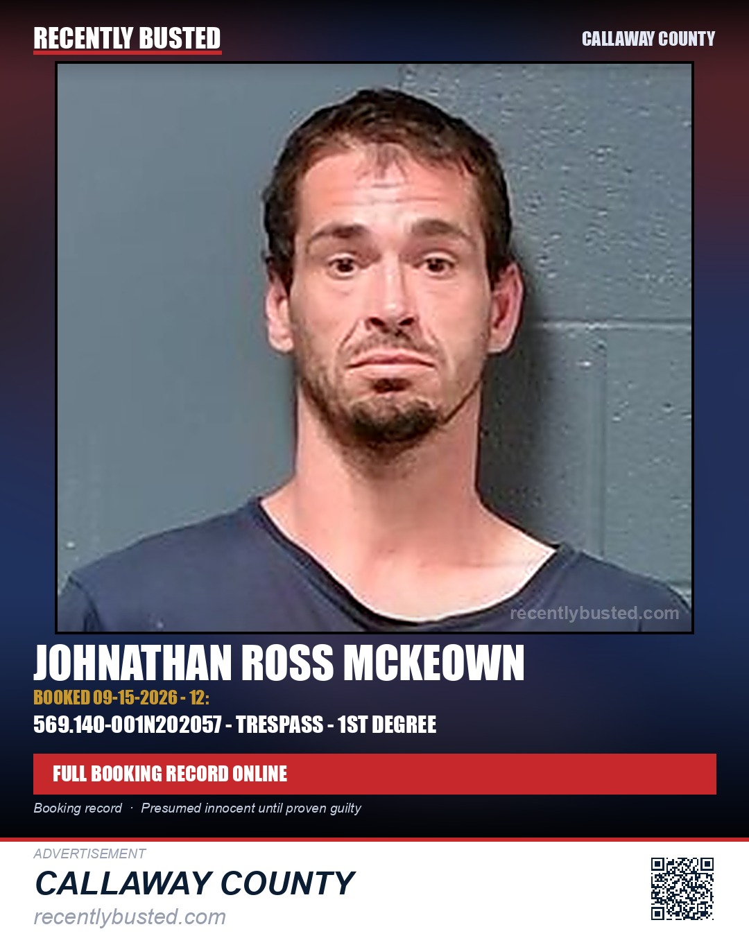 McKeown, Johnathan Ross — arrest record card, Callaway County
