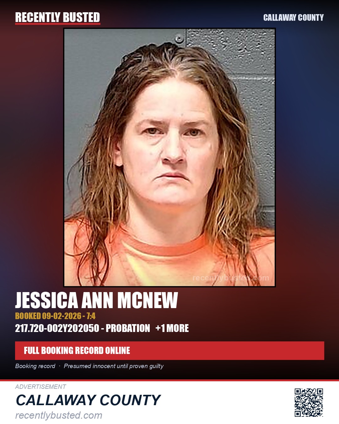 McNew, Jessica Ann — arrest record card, Callaway County