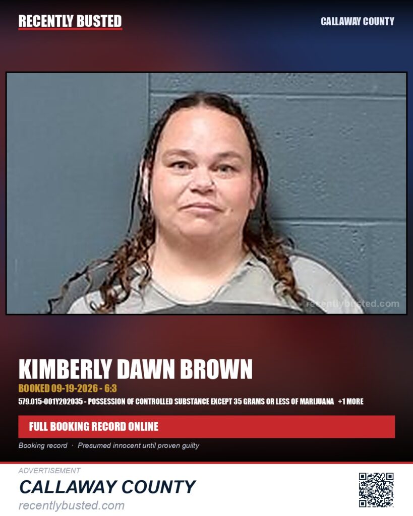 Brown, Kimberly Dawn — arrest record card, Callaway County