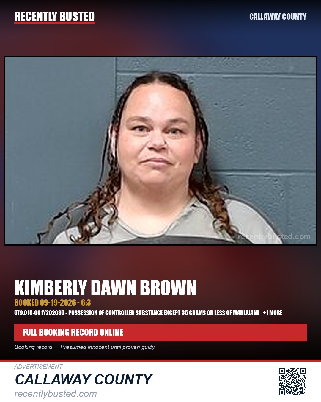 Brown, Kimberly Dawn — arrest record card, Callaway County