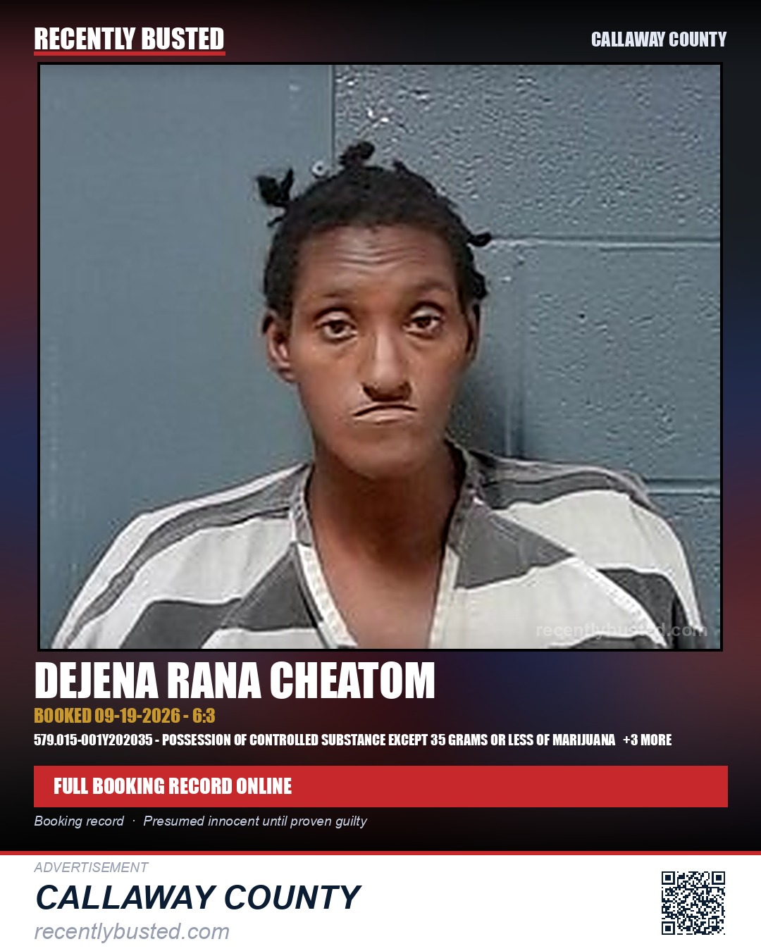 Cheatom, Dejena Rana — arrest record card, Callaway County