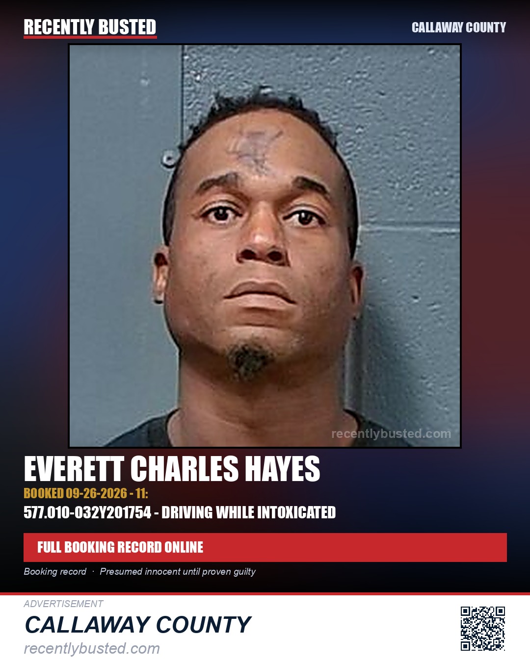 Hayes, Everett Charles — arrest record card, Callaway County