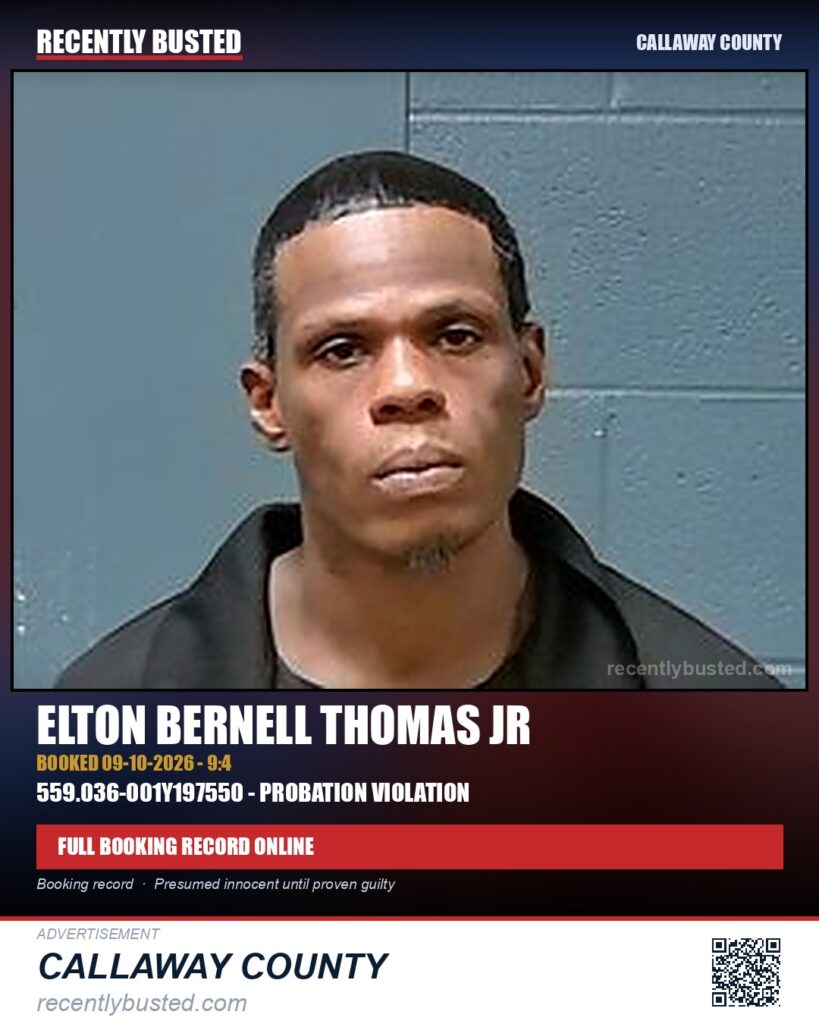 Thomas Jr, Elton Bernell — arrest record card, Callaway County