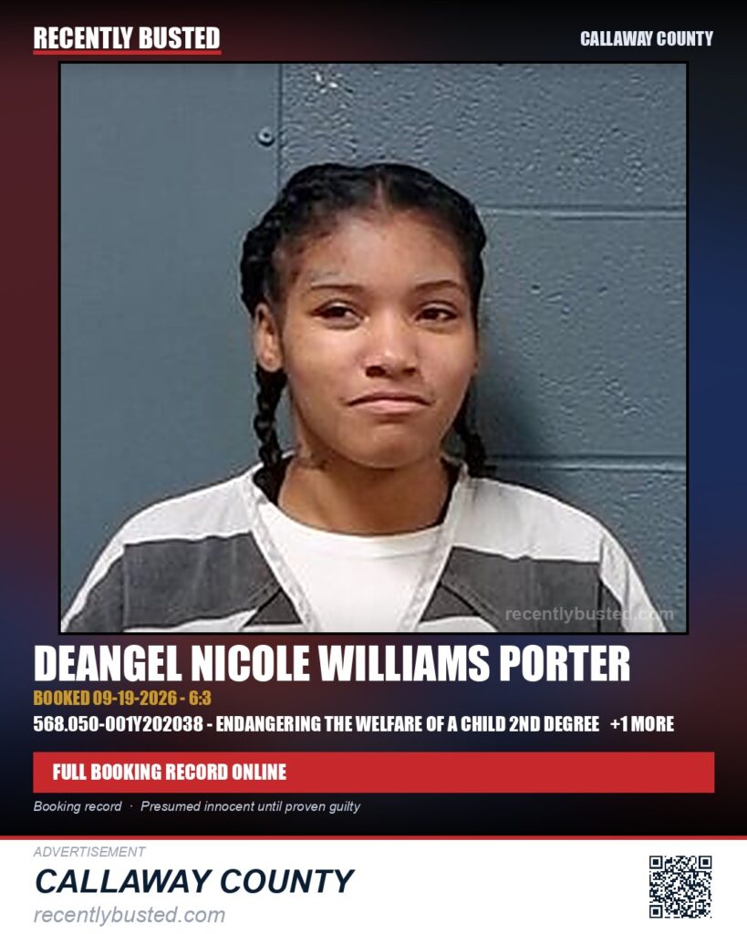 Williams Porter, DeAngel Nicole — arrest record card, Callaway County