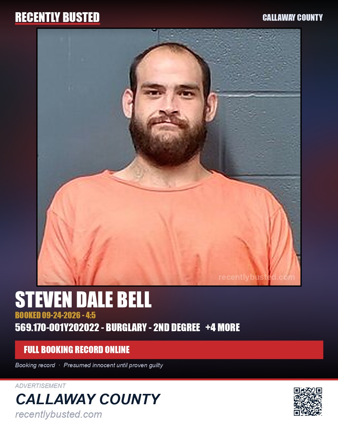 Bell, Steven Dale — arrest record card, Callaway County